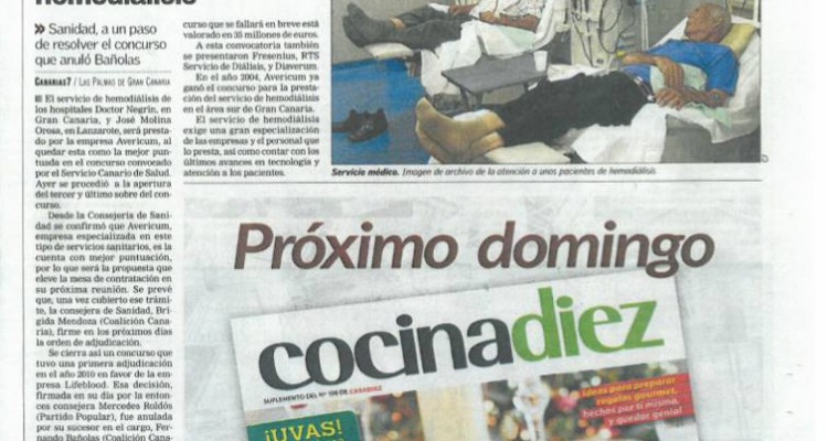 La Consejería de Sanidad del Gobierno Autónomo de Canarias nos notifica la adjudicación del concurso de los Hospitales Dr. Negrín y Dr. José Molina Orosa